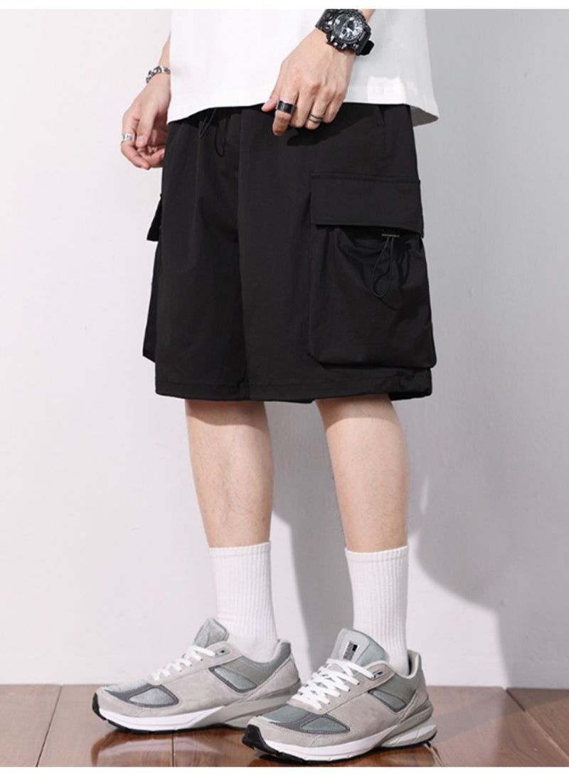 Men's Black Techwear Cargo Shorts Casual Elastic Waist Shorts with Toggle Drawstring and Utility Pockets - Image 1